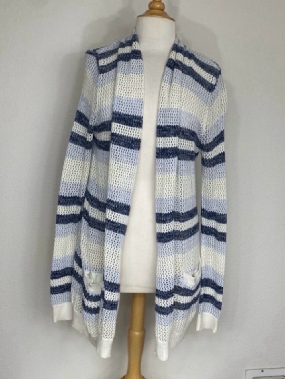 Splendid Women's Blue White Stripe Knit Open Long Cardigan Size XL Coastal Boho